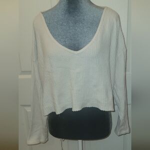 Forever 21 Waffle Texture Crop Cream V-Neck Top